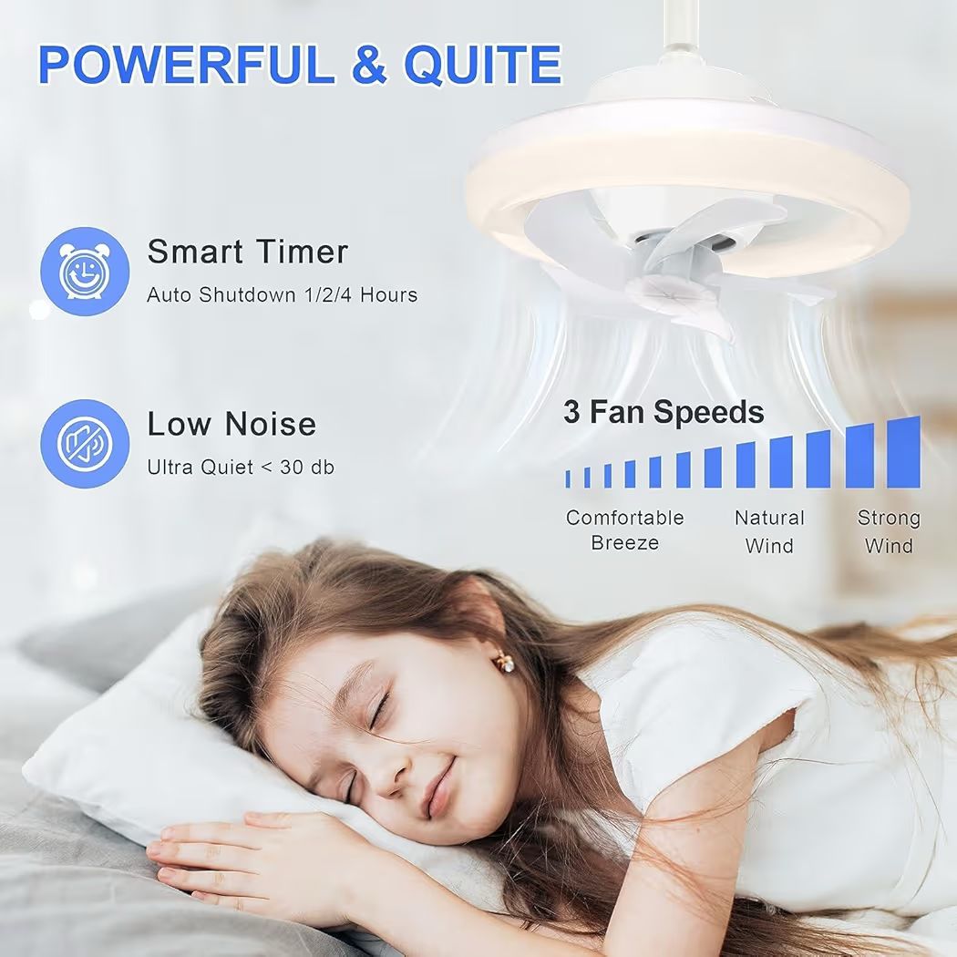 Smart LED Ceiling Fan Light with Remote - 360° Rotating Socket Fan with 3 Color Temperatures & Dimmable Speeds for Bedroom, Kitchen & Office