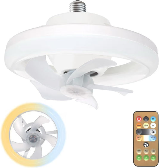 Smart LED Ceiling Fan Light with Remote - 360° Rotating Socket Fan with 3 Color Temperatures & Dimmable Speeds for Bedroom, Kitchen & Office