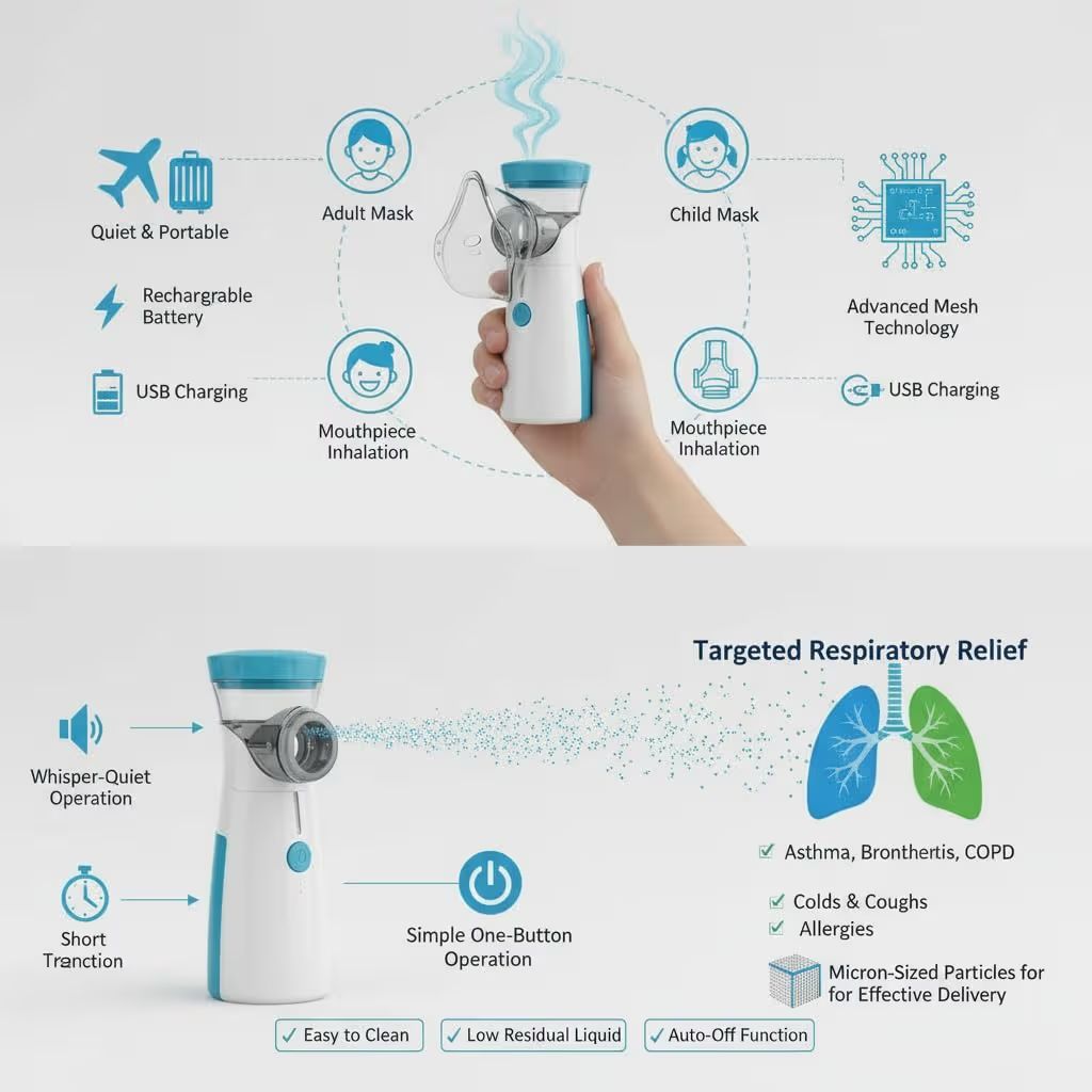 Portable Mesh Nebulizer for Adults & Kids – Silent USB Rechargeable Inhaler for Fast Respiratory Relief
