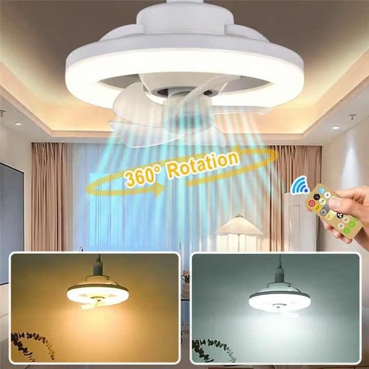Smart LED Ceiling Fan Light with Remote - 360° Rotating Socket Fan with 3 Color Temperatures & Dimmable Speeds for Bedroom, Kitchen & Office