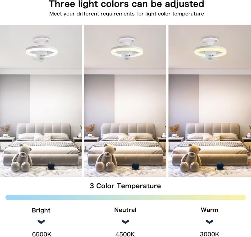 Smart LED Ceiling Fan Light with Remote - 360° Rotating Socket Fan with 3 Color Temperatures & Dimmable Speeds for Bedroom, Kitchen & Office