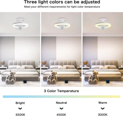 Smart LED Ceiling Fan Light with Remote - 360° Rotating Socket Fan with 3 Color Temperatures & Dimmable Speeds for Bedroom, Kitchen & Office